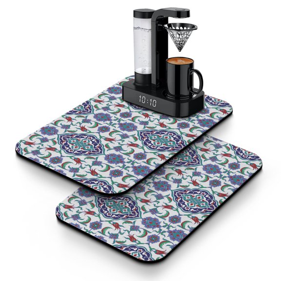 Rustic Boho Chic Kitchen Mat, Absorbent Dish Drying Pad with Vintage Tribal Patterns, Leak-Proof Non-Slip Coffee Bar Mat for Countertop & Appliance Protection
