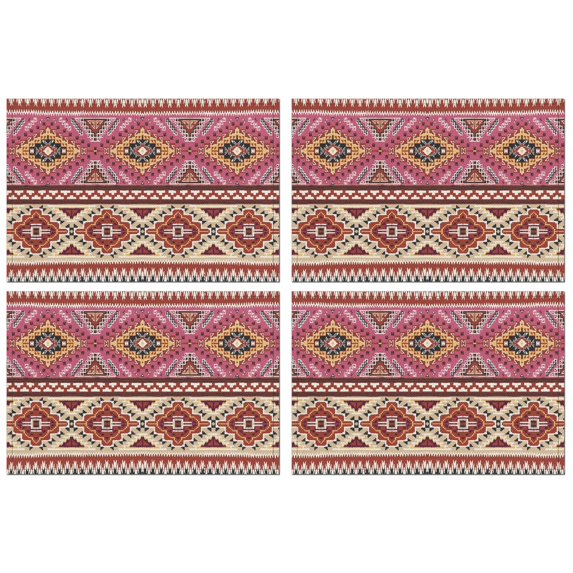 Rustic Boho Flax Placemats Set of 4, 12x18 Inch Exotic Floral Pattern Table Mats, Washable Ethnic Vintage Decor for Tribal Folk Style Kitchen or Earthy Dining Room