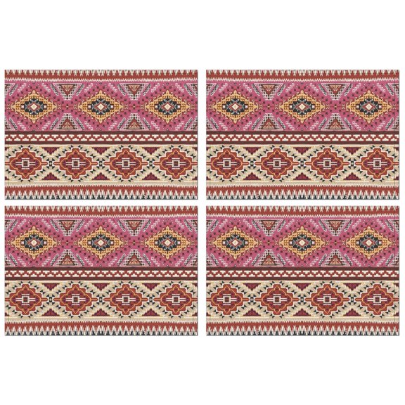 Rustic Boho Flax Placemats Set of 4, 12x18 Inch Exotic Floral Pattern Table Mats, Washable Ethnic Vintage Decor for Tribal Folk Style Kitchen or Earthy Dining Room