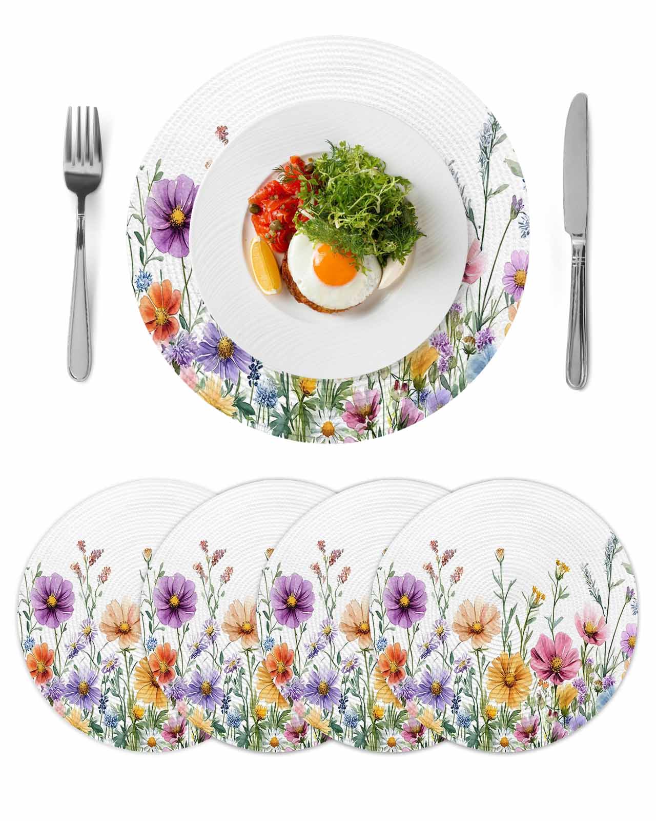 Rustic Boho Floral Round Table Placemats set of 4, Colorful Wildflower ...