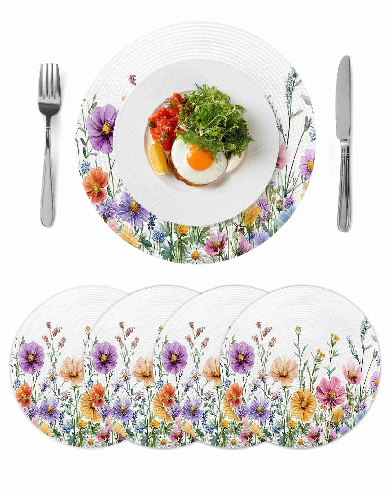 Rustic Boho Floral Round Table Placemats set of 4, Colorful Wildflower Washable Woven Place Mats for Dining Tables Kitchen Party Decor,Heat Proof, 15in,
