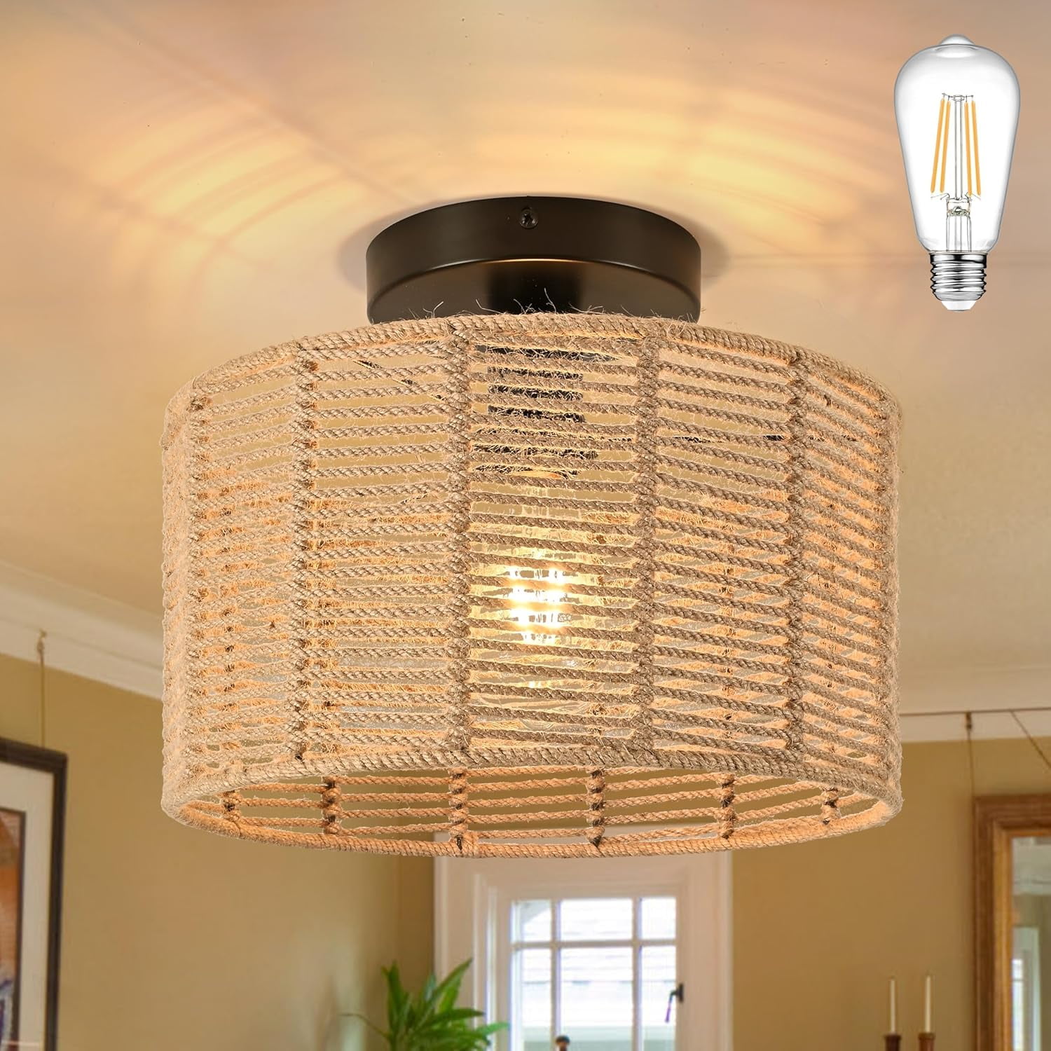 Rustic Boho Flush Mount Ceiling Light with Hand Woven Hemp Rope Drum ...