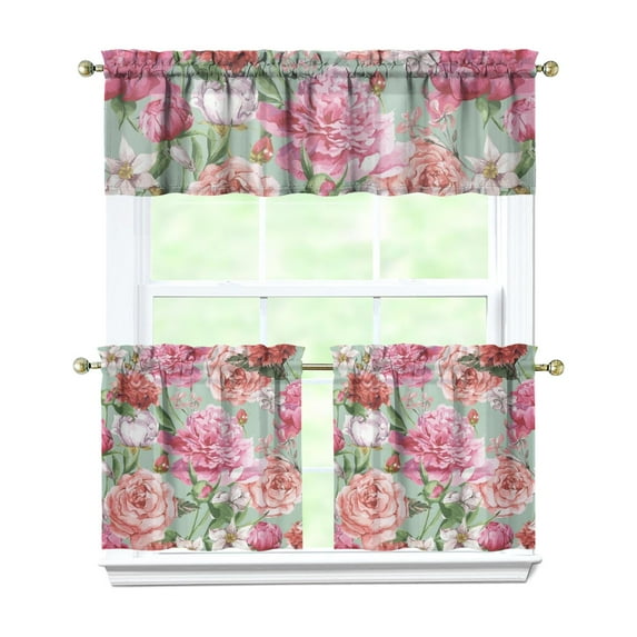 Rustic Boho Kitchen Curtains 24 Inch Short - 3 Panel Vintage Floral Set with Butterflies, Farmhouse Rod Pocket Window Treatment