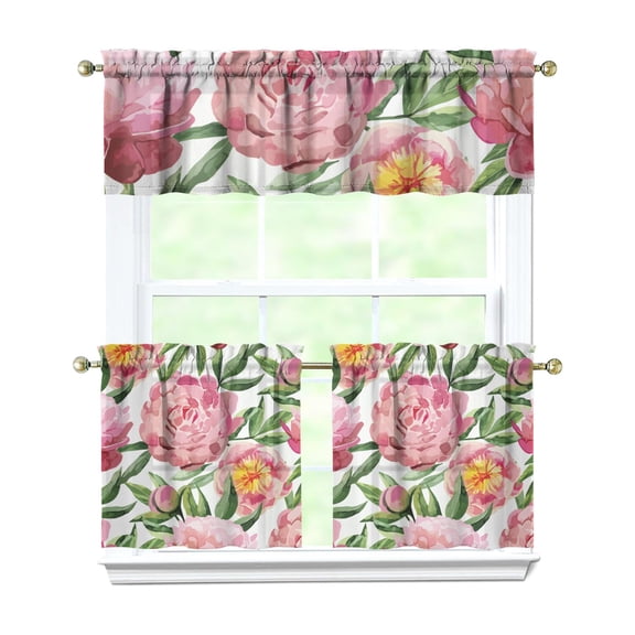 Rustic Boho Kitchen Curtains 24" Short - 3 Panel Vintage Floral Set with Butterflies & Bees, Farmhouse Rod Pocket Treatment