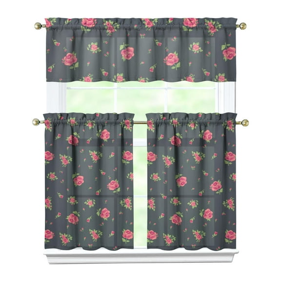 Rustic Boho Kitchen Curtains 36 Inch - 3 Panel Vintage Floral Set with Blooming Wildflowers, Farmhouse Rod Pocket Window Treatment for Spring Summer Season