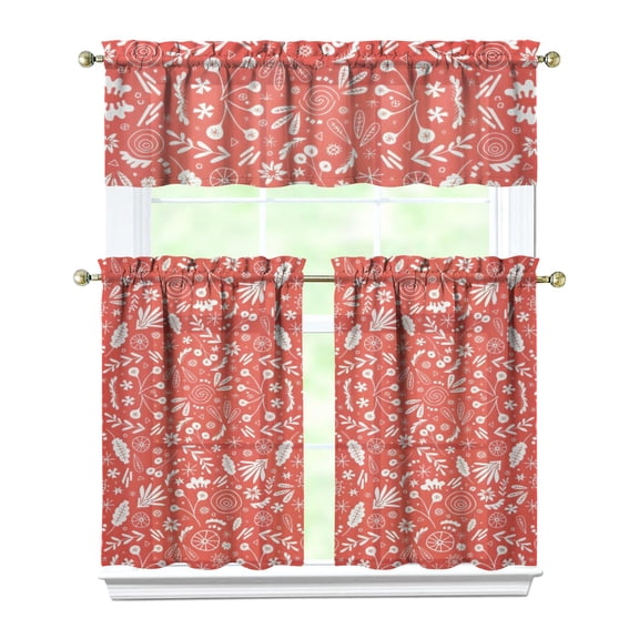 Rustic Boho Kitchen Curtains 36 Inch - 3 Panel Vintage Floral Set with Blooming Wildflowers, Farmhouse Rod Pocket Window Drapes