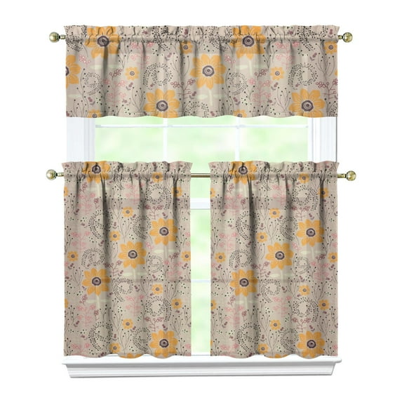 Rustic Boho Kitchen Curtains 36 Inch Short - 3 Panel Vintage Floral Set with Blooming Wildflowers, Farmhouse Rod Pocket