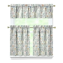 Rustic Boho Kitchen Curtains 36 Inch Short - 3 Panel Vintage Floral Set with Blooming Wildflowers, Farmhouse Window Treatment