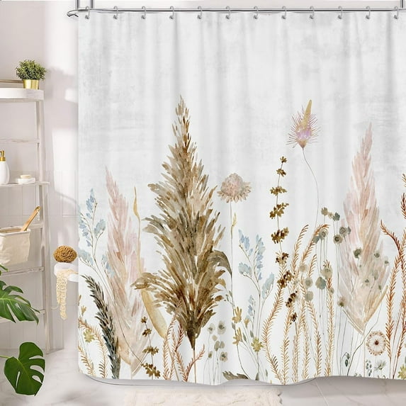 Rustic Boho Leaves Shower Curtain for Bathroom, Watercolor Chic Tan Cream Pampas Grass Boho Farmhouse Floral Shower Curtain 72X72, Vintage Beige Botanical Flower on Wooden Plank Fabric Shower Curtain
