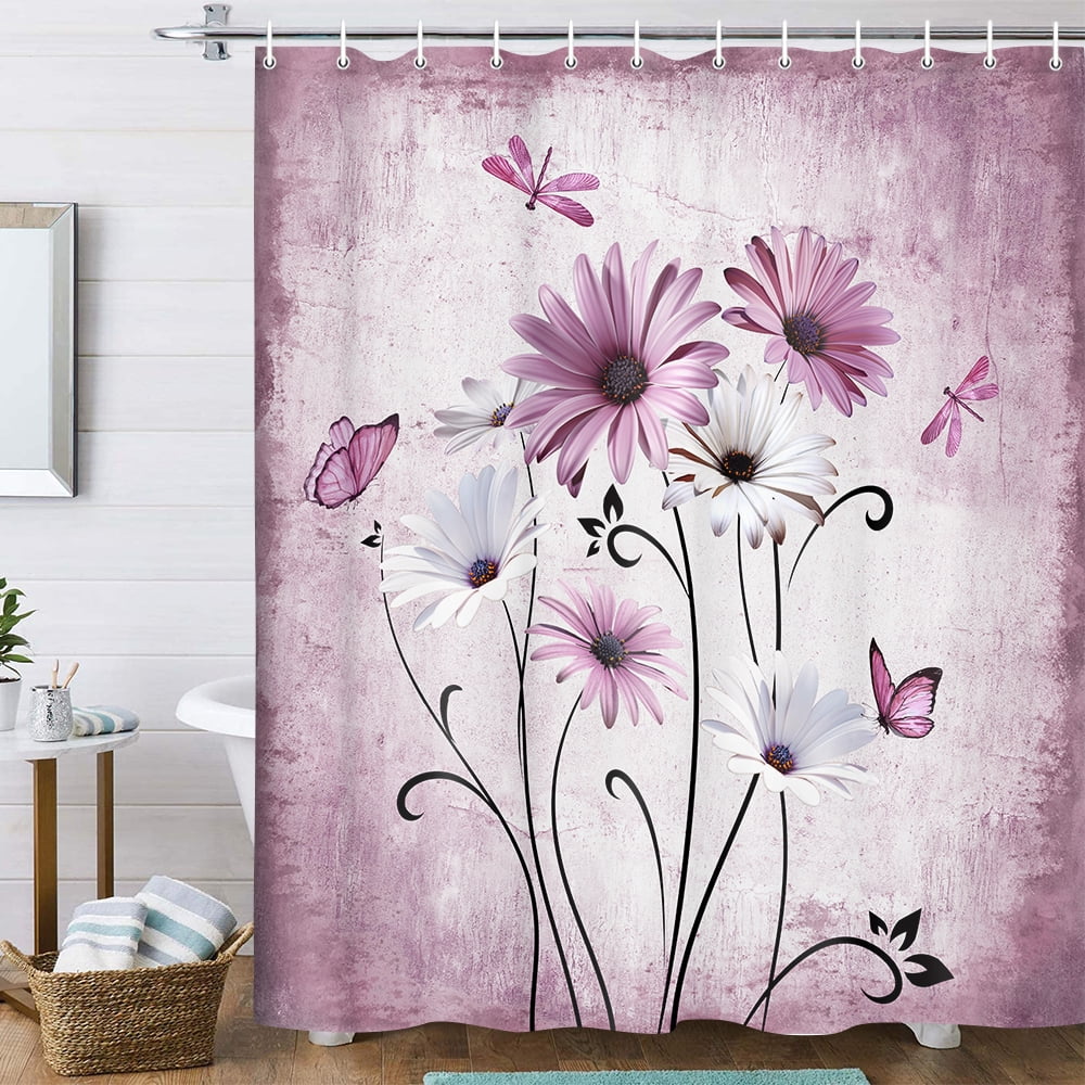 Rustic Boho Pink Shower Curtain Farmhouse Pink Daisy Floral Flowers Butterfly Dragonfly on Country Wooden Shower Curtain Set, Abstract Aesthetic Bathroom Accessory with Hooks, 70X70