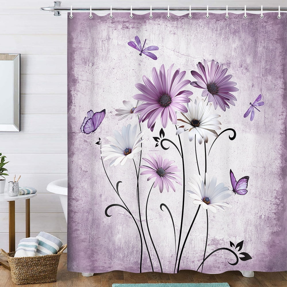 Rustic Boho Purple Shower Curtain Farmhouse Violet Daisy Floral Flowers Butterfly Dragonfly on Country Wooden Shower Curtain Set, Abstract Aesthetic Bathroom Accessory with Hooks, 70X70