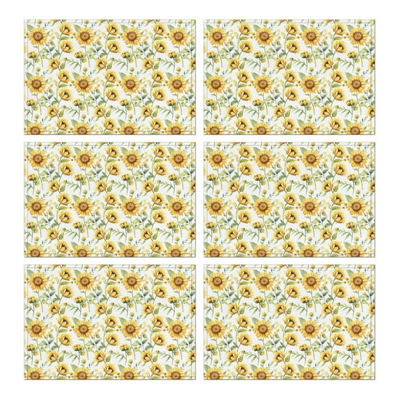 Rustic Boho Sunflower Placemats Set of 6, 12x18 Inch Vintage Floral Table Mats with Bees and Butterflies, Washable Farmhouse Linen Dining Decor, Yellow Country Bloom for Summer Autumn