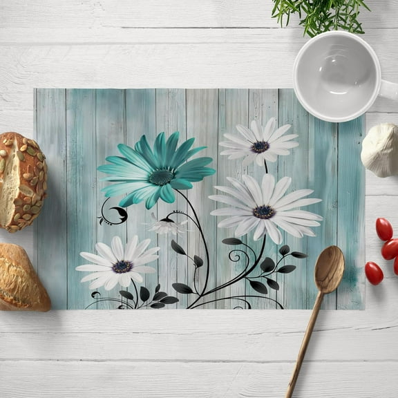 Rustic Boho Teal Floral Placemats, Teal White Daisy Flowers Turquoise Country Wooden Farmhouse Western Placemats Set of 4, Aesthetic Botanical Dining Table Mats for Party Kitchen Dining Decor 12x18