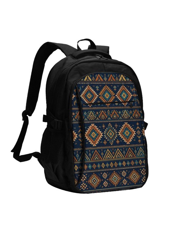 Rustic Boho Tribal Pattern Print Laptop Backpack with USB Charging Headphone Port Casual Daypack Bag College Business Travel