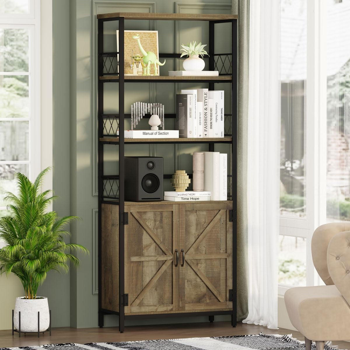 Rustic Bookcase with Storage Cabinet, Farmhouse Tall Bookshelf with ...