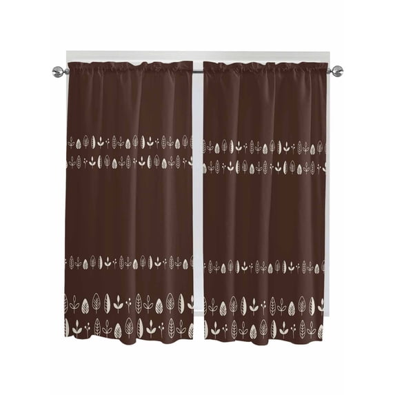 Rustic Botanical Bathroom Window Curtain, Japanese Herb on Brown Simple Art Light Filtering Coffee Kitchen Curtains, Bedroom Living Room Curtains 2 Panel 84"x63"