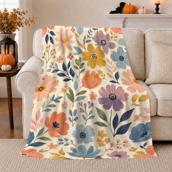 Rustic Botanical Daisy Berry, Rustic Botanical Portrait, Warm Flannel Blanket for Sunroom and Reading Nook with Detailed Artwork, Garden Lovers Housewarming Gift, Rustic Home Decor