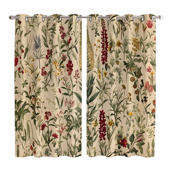 Rustic Botanical Kitchen Curtains 63 Inch Length, Vintage Floral Wildflower Grommet Top Bedroom Living Room Curtains, Light Filtering Cafe Curtain Drapes 2 Panels Set 84''x63''