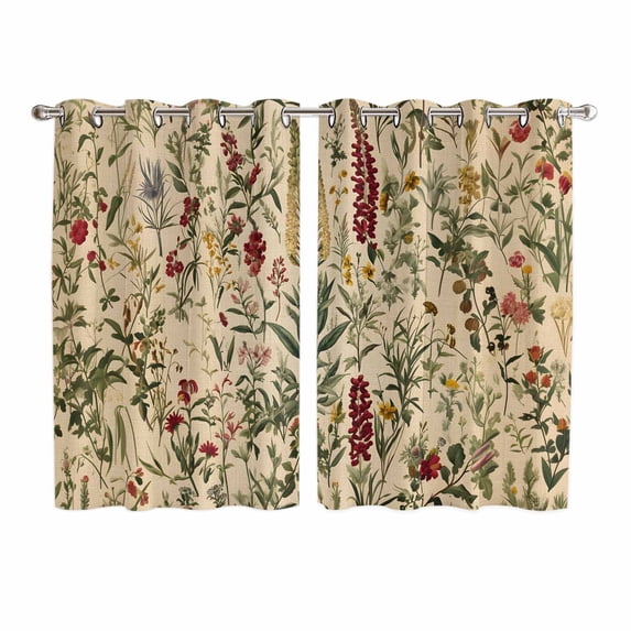 Rustic Botanical Kitchen Curtains 63 Inch Length, Vintage Floral Wildflower Grommet Top Bedroom Living Room Curtains, Light Filtering Cafe Curtain Drapes 2 Panels Set 104''x63''