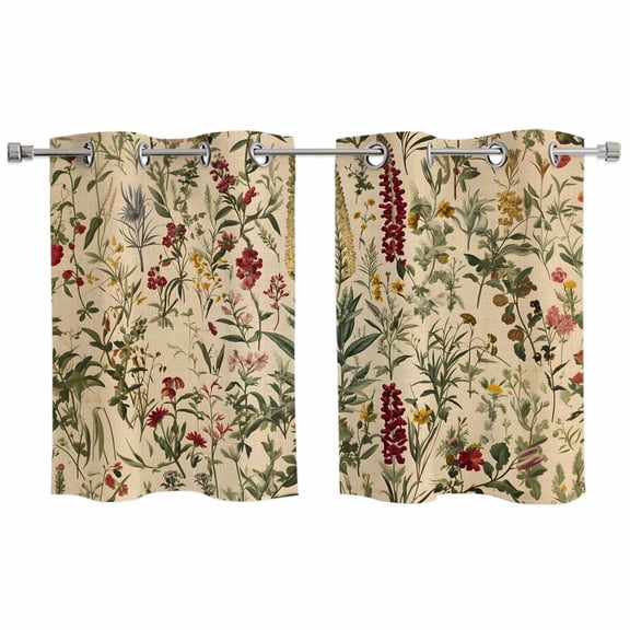 Rustic Botanical Kitchen Curtains Small Short 39 Inch Length, Vintage Floral Wildflower Grommet Top Bedroom Living Room Curtains, Light Filtering Cafe Curtain Drapes 2 Panels Set 55''x39''