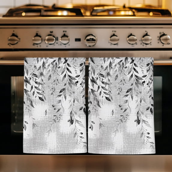 Rustic Botanical Kitchen Towels Set of 2, Farmhouse Weeping Leaves Vintage Gray Absorbent Dish Towels for Kitchen, Microfiber Hand Towel, Quick Drying Tea Towel for Cleaning Decorative Dishcloths