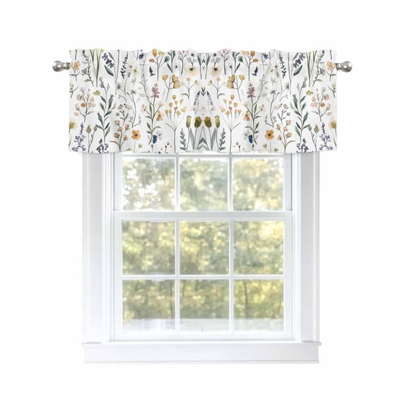 Rustic Botanical Leaves Curtain Valances for Windows, Spring Wildflowers Floral Kitchen Valance Window Treatment, Light Filtering Block Curtains for Bathroom/Bedroom/Living Room 42'' x 18''