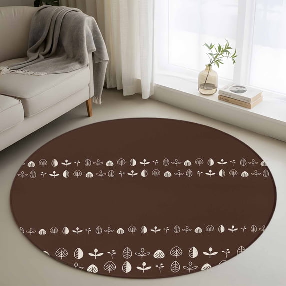 Rustic Botanical Round Area Rug 4Ft Washable Circle Rugs for Bedroom Dining Room, Japanese Herb on Brown Simple Art Non-Slip Carpet Floor Mats Indoor Outdoor Carpet Runner Aesthetic Home Decor