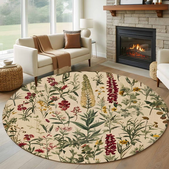 Rustic Botanical Round Area Rug 5 FT, Non Slip Bedroom Rugs, Vintage Floral Wildflower Washable Soft Circular Carpet Non-Shedding Floor Mat for Kitchen Dining Room Foyer Balcony Dorm