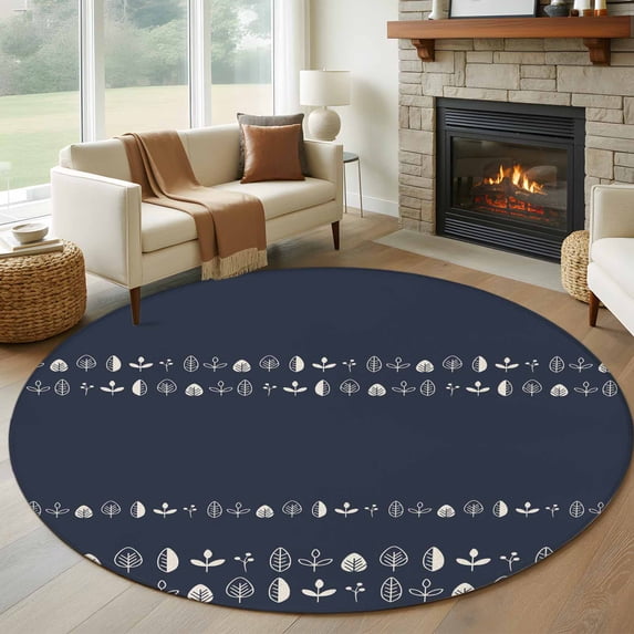 Rustic Botanical Round Area Rug 6Ft Washable Circle Rugs for Bathroom Office, Japanese Herb on Black Simple Art Non-Slip Carpet Floor Mats Indoor Outdoor Carpet Runner Aesthetic Home Decor