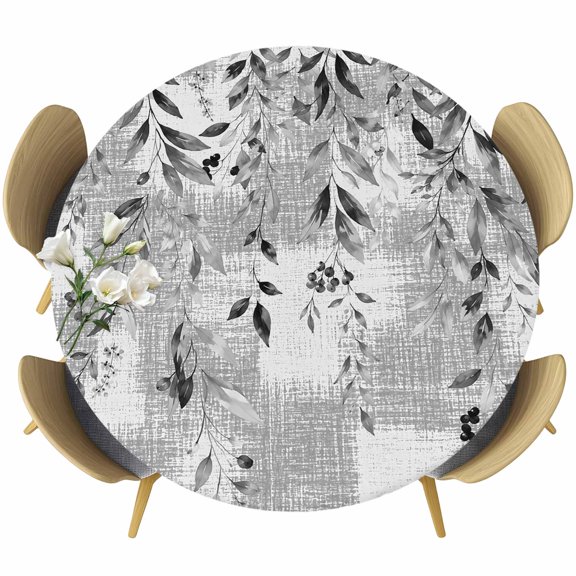 Rustic Botanical Round Tablecloth 36-44 Inch Round Fitted Table Cloth with Elastic Edge, Farmhouse Weeping Leaves Vintage Gray Waterproof Table Cover Protector for Outdoor Picnic Party Dining