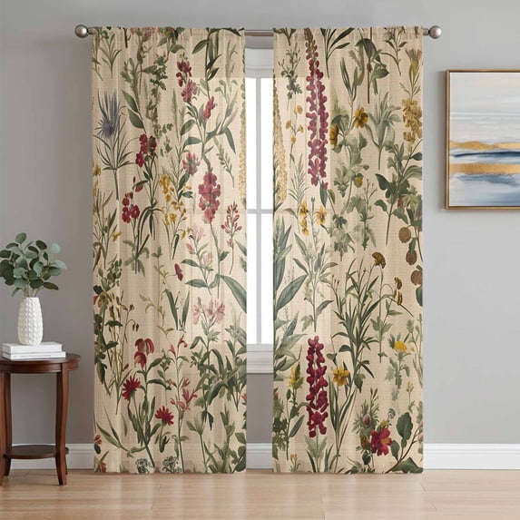 Rustic Botanical Semi Sheer Curtains 108 Inch Length 2 Panels Set, Vintage Floral Wildflower Sheer Kitchen Curtain Privacy Voile Window Curtain for Living Room Bedroom Rod Pocket Drapes