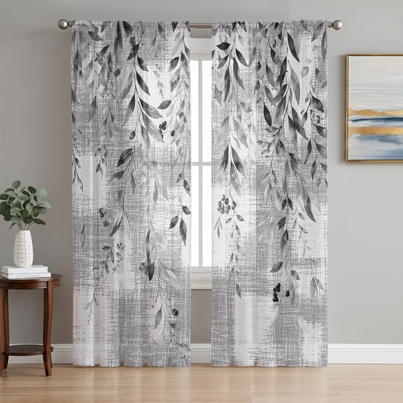 Rustic Botanical Sheer Curtains 63 Inches Long, Farmhouse Weeping Leaves Vintage Gray Light Filtering Window Curtains for Living Room, Rod Pocket Voile Sheer Curtain Drapes, 52"W x 63"L, 2 Panels