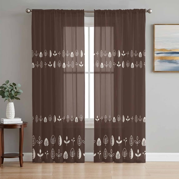 Rustic Botanical Sheer Curtains 72 Inch Length 2 Panels Set, Japanese Herb on Brown Simple Art Voile Window Treatment Rod Pocket Curtains Sheers Drapes for Bedroom/Living Room/Kitchen 52"x72"x2