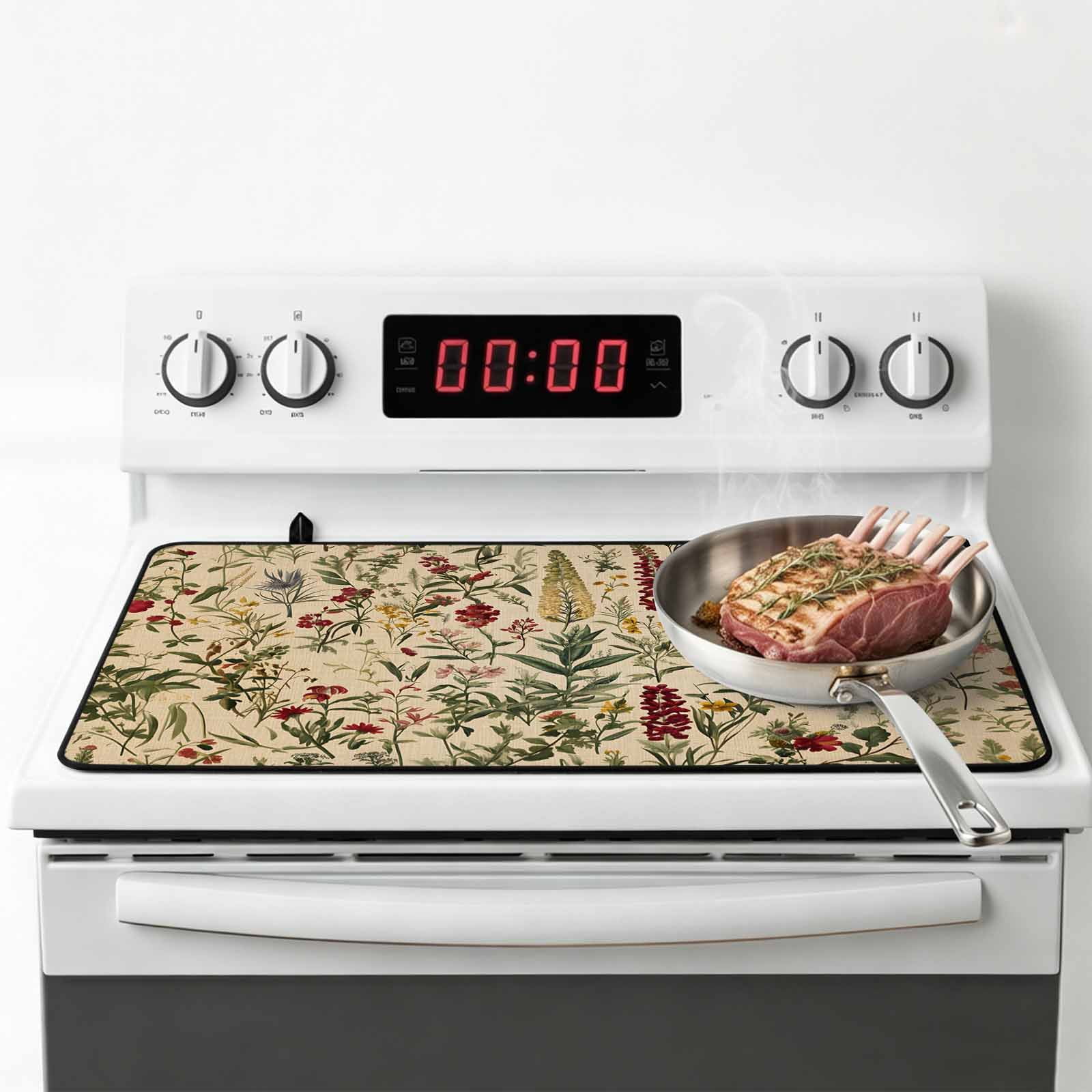 Rustic Botanical Stove Top Cover for Electric Stove, Heat-proof & Non Slip Glass Top Stove Cover Protector, Vintage Floral Wildflower Kitchen Flat Cooktop Rubber Mat 24x21 Inches