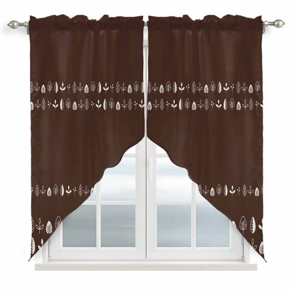Rustic Botanical Swag Curtains for Kitchen/Bedroom/Living Room, Japanese Herb on Brown Simple Art Scalloped Curtains 63 Inch Long, Rod Pocket Window Swag Topper Curtains Valances 2 Panels Set 36"x63"