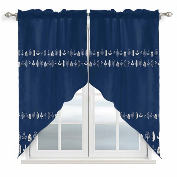 Rustic Botanical Swag Curtains for Kitchen/Bedroom/Living Room, Japanese Herb on Navy Blue Simple Art Scalloped Curtains 63 Inch Long, Window Swag Topper Curtains Valances 2 Panels Set 36"x63"