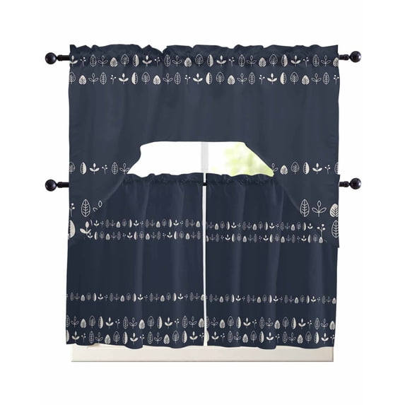 Rustic Botanical Swag Curtains for Living Room/Bedroom Windows, Japanese Herb on Black Simple Art Kitchen Curtains and Valances Set 36 Inch Length, Light Filtering Swags Valance Curtain Panels