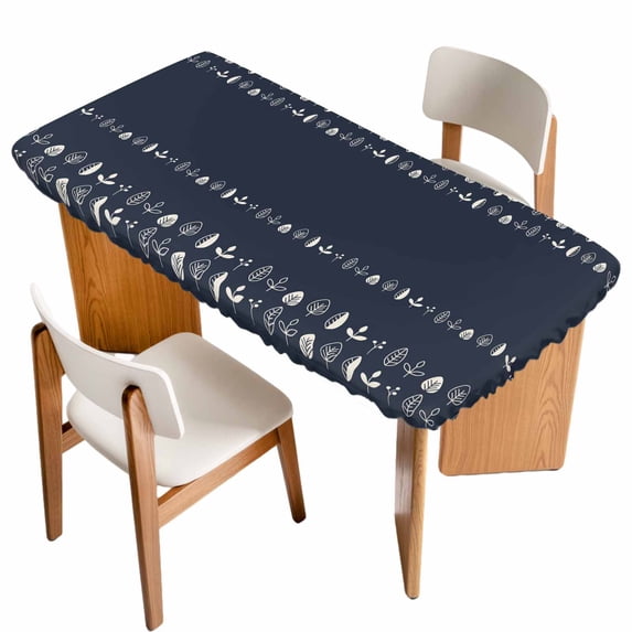 Rustic Botanical Table Cloths for 6 Foot Rectangle Tables, Japanese Herb on Black Simple Art Patio Waterproof Elastic Fitted Tablecloths, Washable Rectangular Table Cover for Camping