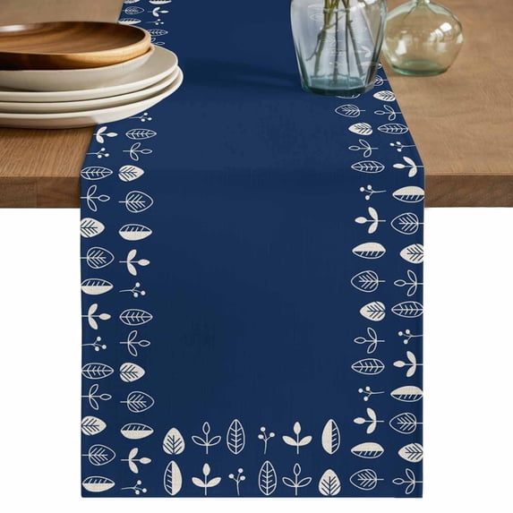 Rustic Botanical Table Runner 72 Inches, Japanese Herb on Navy Blue Simple Art Bed Runner Dresser Scarves Tabletop for Indoor Outdoor Parties/Ceremony/Banquet, 14" x 72"