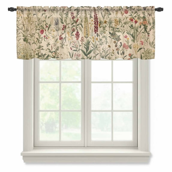 Rustic Botanical Valance Curtains for Kitchen/Living Room/Bathroom/Bedroom Window, Rod Pocket Small Topper Half Short Window Curtains Voile Sheer Scarf, Vintage Floral Wildflower 42"x12"