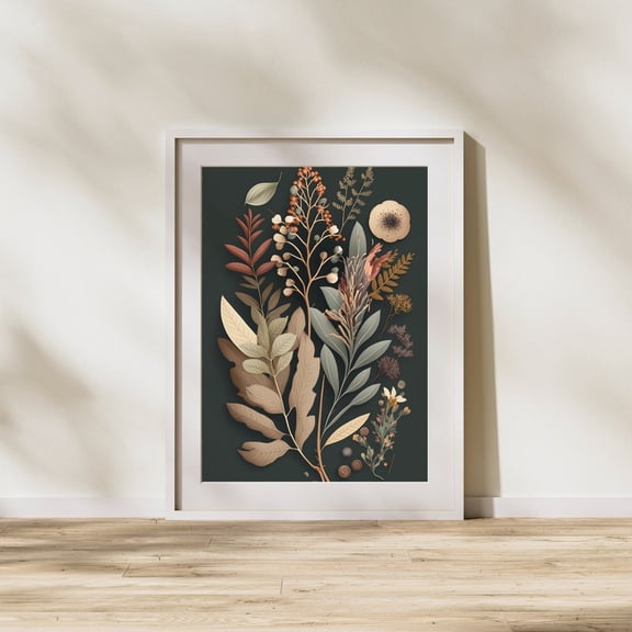 Rustic Botanical Wall Art, Colorful Leaves Folk Art Home Decor #2012, Unframed Canvas Size 8x12