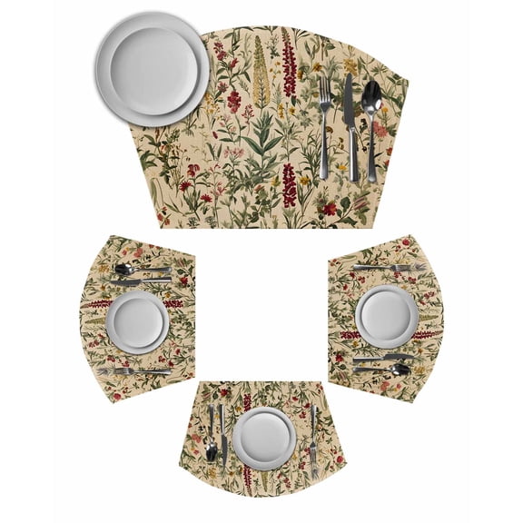 Rustic Botanical Wedge Shaped Placemats Set of 4, Cotton Linen Fan Place Mats, Vintage Floral Wildflower Washable Table Mats for Holiday Wedding Party Dinning Coffee Tables 11.8"x17.5"