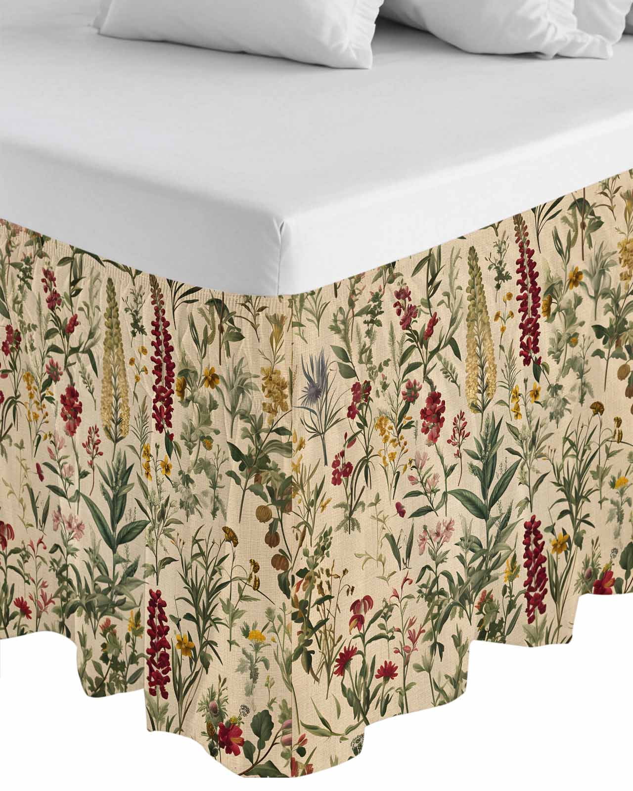 Rustic Botanical Wrap Around Bed Skirts for King Bed 18" Drop, Bed Skirt with Adjustable Elastic Belt Dust Ruffle Bed Valance for Bedroom Hotel Luxury Vintage Floral Wildflower Bed Frame Cover