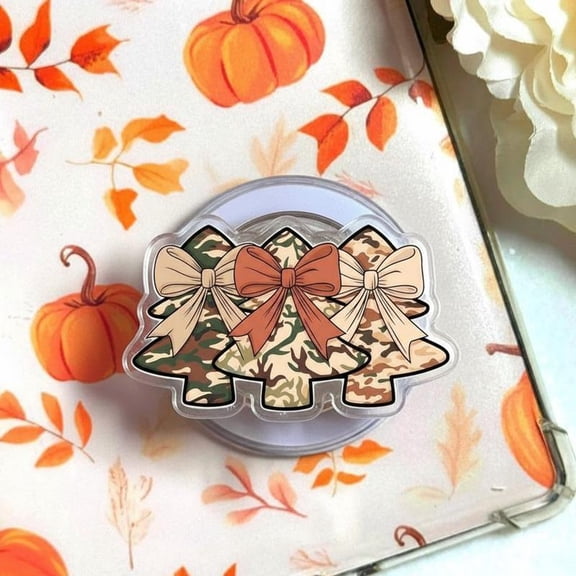 Rustic Bow and Camo Trees Phone Grip - Aesthetic Christmas Hunter Cell Phone Stand - Expanding Phone Holder for the Holiday Season and Deer Hunting Trips - Cute Gift for Country Girl Aesthetic