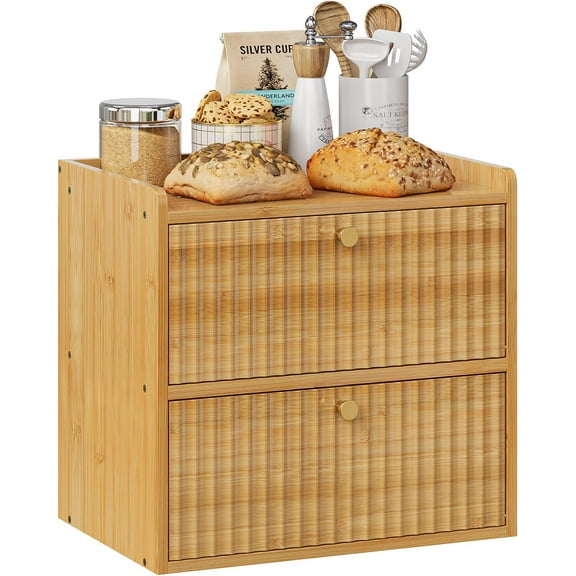 Rustic Bread Box for Kitchen Countertop Bamboo Storage Container Bin Double Layer BreadBox Farmhouse Large Capacity Food Organizer (Natural Bamboo)
