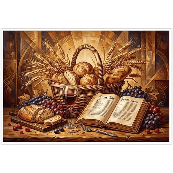 Rustic Bread and Wine Canvas Wall Art Still Life Grapes Wheat and Open Book Poster Vintage Oil Painting Print for Kitchen Dining Room Religious Christian Home Wall
