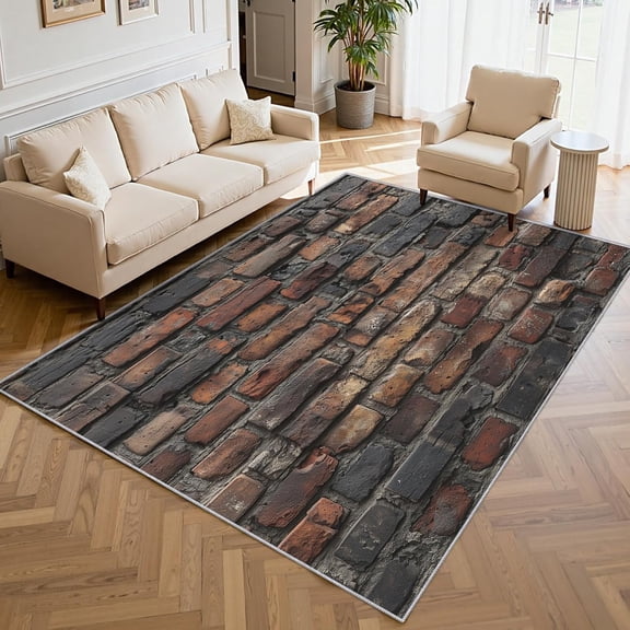 Rustic Brick Wall Area Rug, Stone Texture Pattern Carpet, Washable Non Slip Low Pile Soft Thin, Living Room Bedroom Home Decor Mat 2x3ft