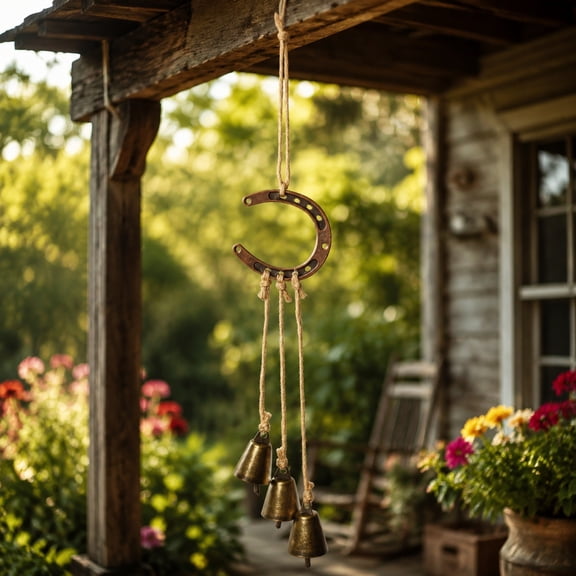 Rustic Bronze Horseshoe Metal Wind Chime Western Hanging Decor For Patio Farm Garden Indoor Covered Outdoor Use, 1 Pack
