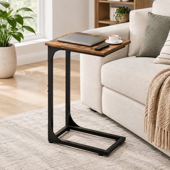 Rustic Brown 1-Pack Without Power Outlets C-Shaped End Table for Living Room Bedroom