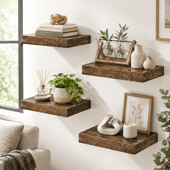 Rustic Brown 10"W x 10"D 4 Pack Square Floating Wall Shelves